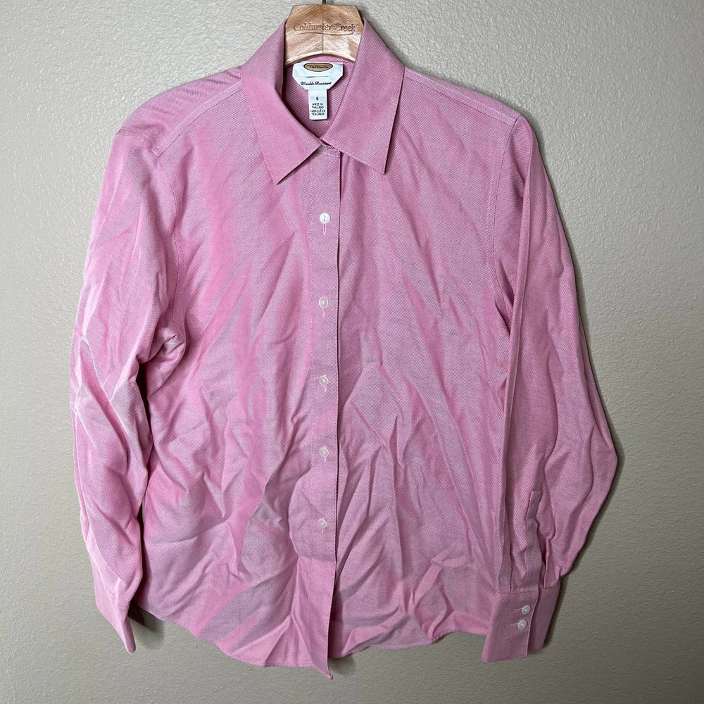 Talbots Size 6 Pink Check Long Sleeve Button Down Shirt Wrinkle Resistant